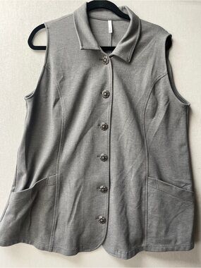 Blue Sky Gray Sleeveless Button Front Vest Ornate Buttons XL